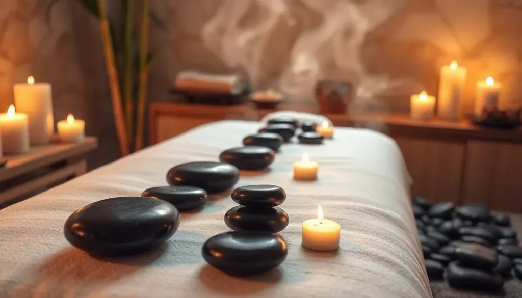 Heated basalt stones laid along the body for the hot stones full body treatment in Suffolk.